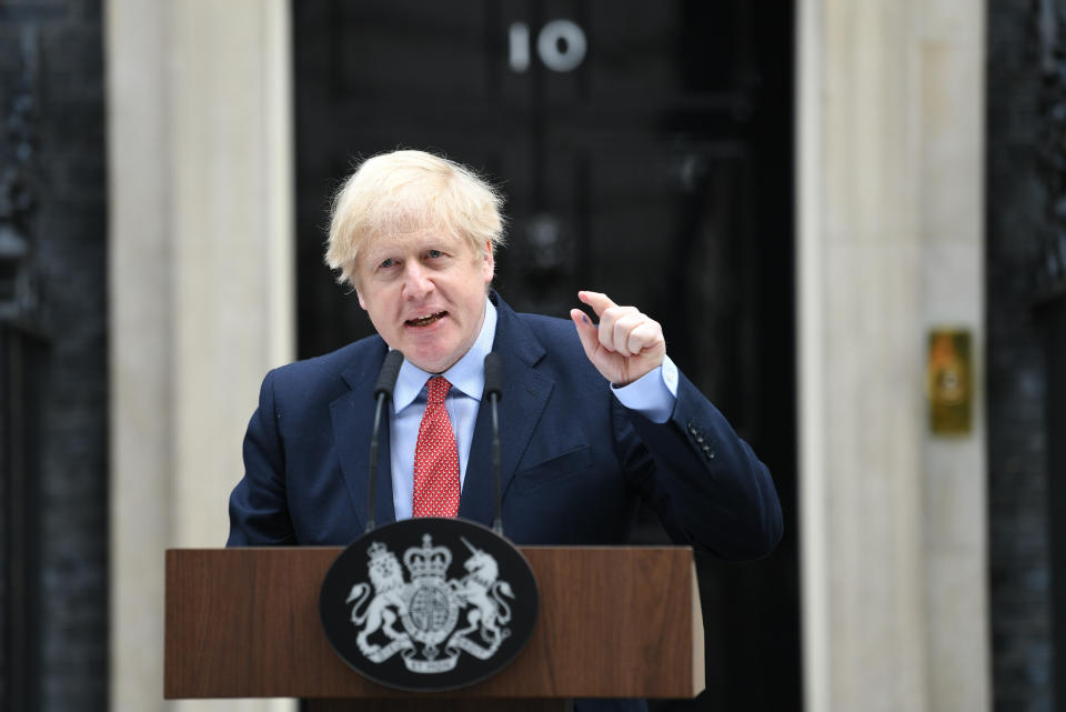 Prime Minister Boris Johnson makes a statement outside 10 Downing Street, London, as he resumes working after spending two weeks recovering from Covid-19.