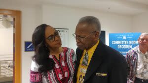  Democratic State Senator Rosalind Osgood comforts Cecil Gardner after his testimony about the abuse he received at the Dozier School for Boys on Feb. 27, 2024 (Photo by Mitch Perry/Florida Phoenix)