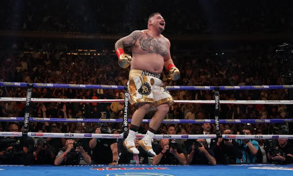 <span>Andy Ruiz celebrates after knocking out Anthony Joshua to win the world heayvweight championship at Madison Square Garden on 1 June 2019.</span><span>Photograph: Timothy A Clary/AFP/Getty Images</span>