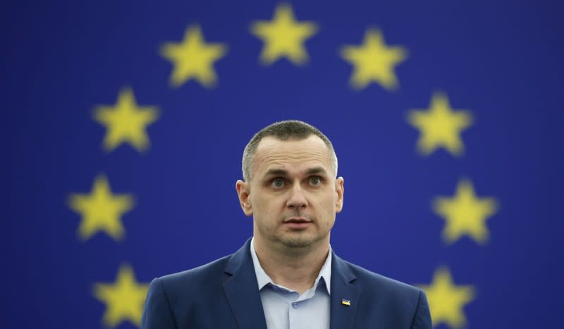 Ukrainian film director Sentsov adresses the European Parliament during an award ceremony for his 2018 Sakharov Prize in Strasbourg