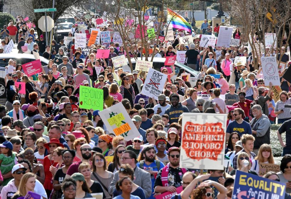 A large crowd gathers at the Capitol for the Women's March on Jackson, Miss., as people across the nation rally in support of women's rights Saturday, Jan. 21, 2017. (Elijah Baylis/The Clarion-Ledger, via AP)