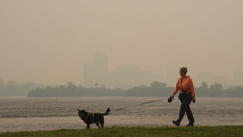 A woman walks her dog Tuesday along the Ottawa River in Ottawa as smoke obscures Gatineau, Quebec. - Sean Kilpatrick/The Canadian Press/AP