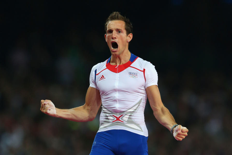 Renaud Lavillenie of France celebrates an attempt during the Men's Pole Vault Final on Day 14 of the London 2012 Olympic Games at Olympic Stadium on August 10, 2012 in London, England. (Photo by Alex Livesey/Getty Images)