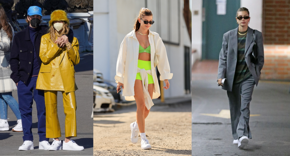 hailey bieber and justin bieber in paris, hailey bieber in neon green shorts, hailey bieber in grey suit and nike air force 1 sneakers