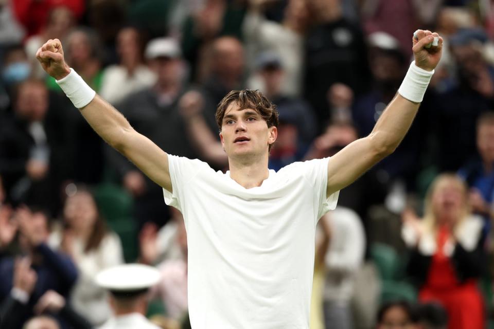 Jack Draper celebrates a five-set win over Elias Ymer  (Getty Images)