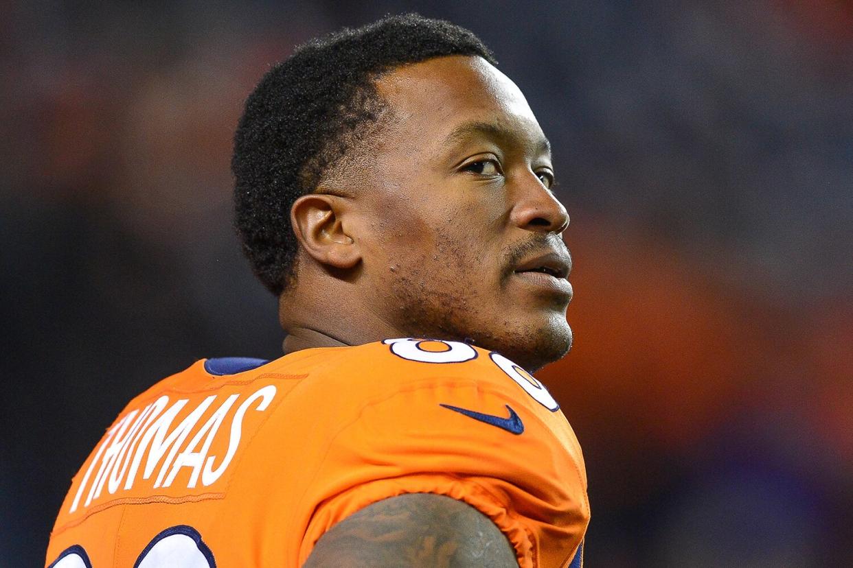 Wide receiver Demaryius Thomas #88 of the Denver Broncos looks on as players warm up on the field before a game at Sports Authority Field at Mile High on November 12, 2017 in Denver, Colorado.