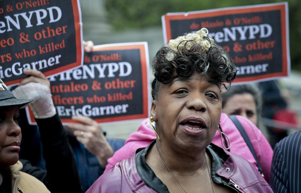 FILE - In this Thursday, May 9, 2019, file photo, Gwen Carr, left, mother of Eric Garner, an unarmed black man who died as he was being subdued in a chokehold by police Officer Daniel Pantaleo nearly five years earlier, speaks during a news conference after leaving court in New York. A long-delayed disciplinary trial is set to begin, Monday, May 13, 2019, for the New York City police officer accused of using a banned chokehold in Garner's death in July 2014. (AP Photo/Bebeto Matthews, File)