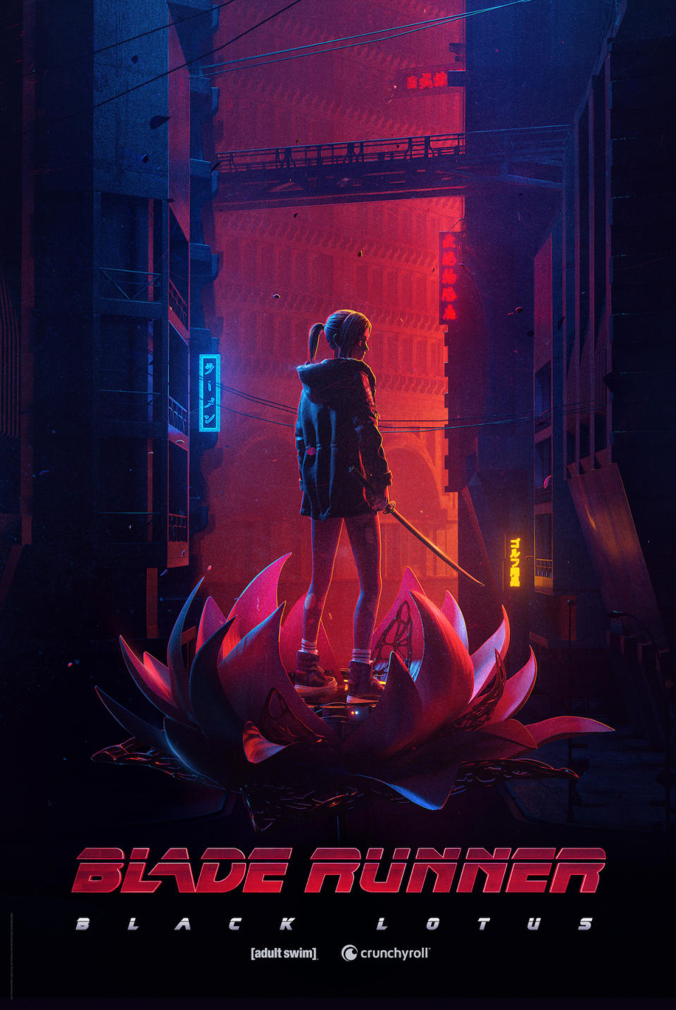 A young girl stands with a sword inside a blossoming flower on an urban street in pink lighting in a poster for Blade Runner: Black Lotus