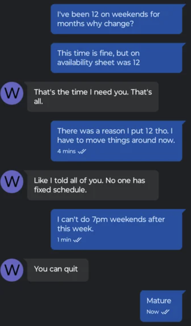 Screenshot of a text conversation with messages about scheduling conflicts and inability to meet at proposed times