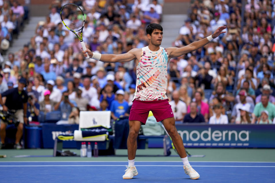 Carlos Alcaraz, of Spain, reacts after defeating Daniel Evans, of the United Kingdom, during the third round of the U.S. Open tennis championships, Saturday, Sept. 2, 2023, in New York. (AP Photo/Manu Fernandez)