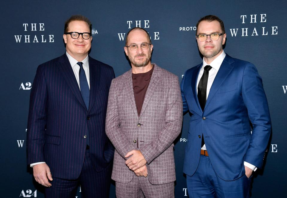 Brendan Fraser (left), director Darren Aronofsky and writer Sam Hunter attend the New York premiere of "The Whale."