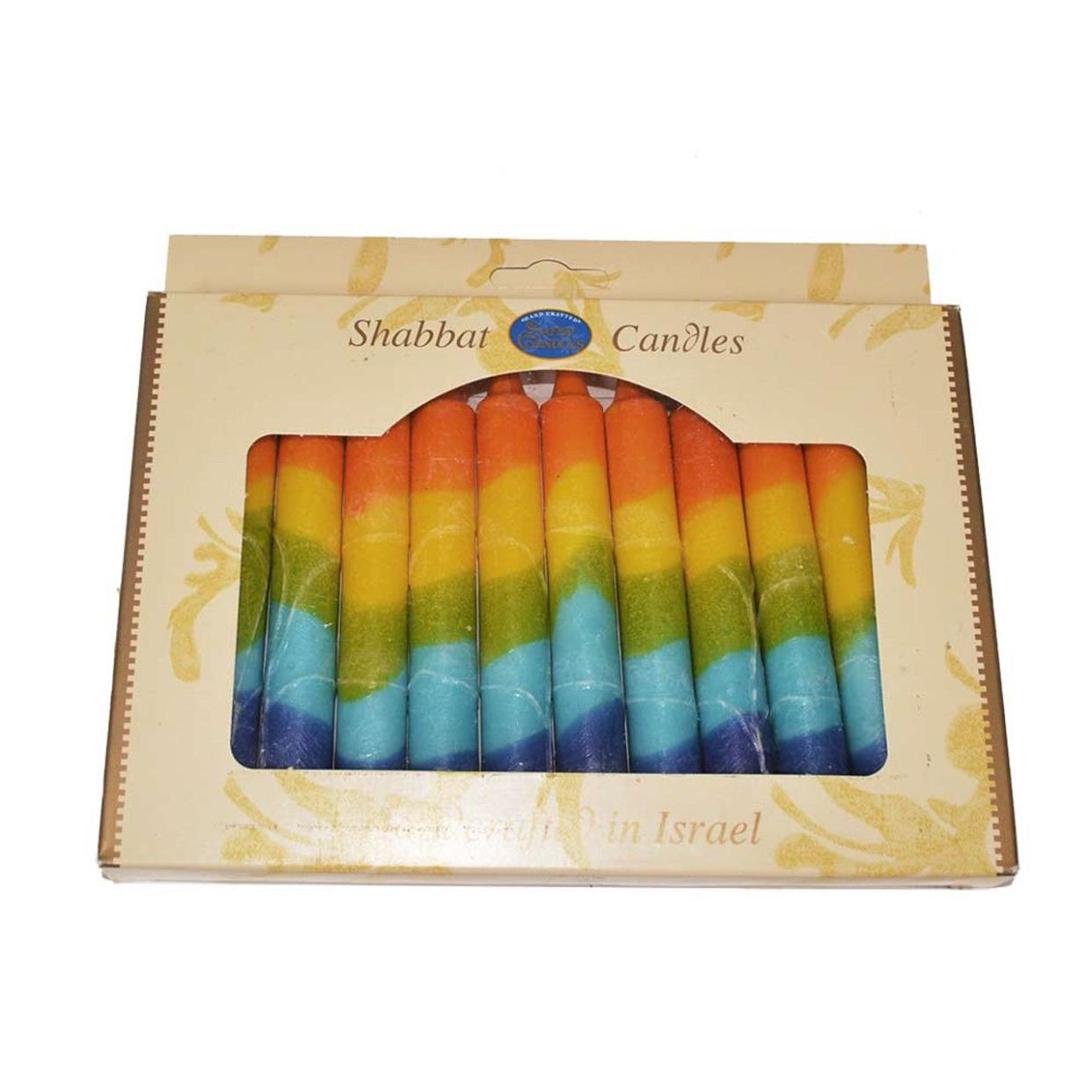 Handmade Shabbat Candles in a colorful rainbow design