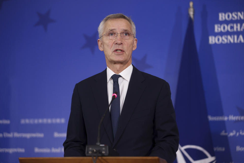 NATO Secretary General Jens Stoltenberg speaks to the media during a joint news conference with the President of the Council of Ministers of Bosnia and Herzegovina Borjana Kristo, in Sarajevo, Bosnia, Monday, Nov. 20, 2023. (AP Photo/Armin Durgut)