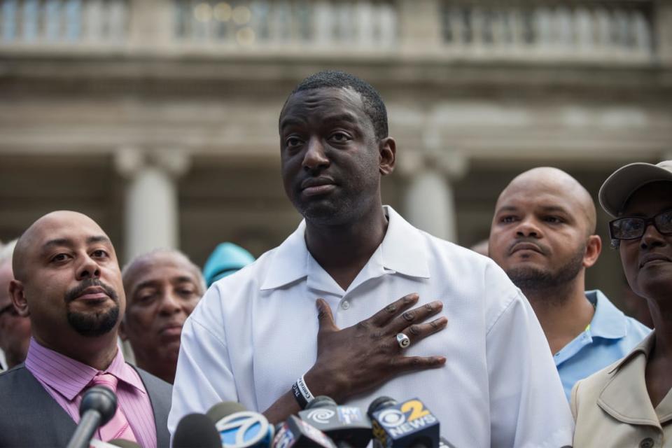 (Left to right) Raymond Santana, Yusef Salaam and Kevin Richardson, three of the five men wrongfully convicted of raping a woman in Central Park in 1989, speak outside New York’s City Hall in 2014 after it was announced that the men then known as the “Central Park Five,” had settled with the city for approximately $40 million. “Karma,” they wrote of the indictment of Donald Trump, who had called for the death penalty in their case. (Photo: Andrew Burton/Getty Images)