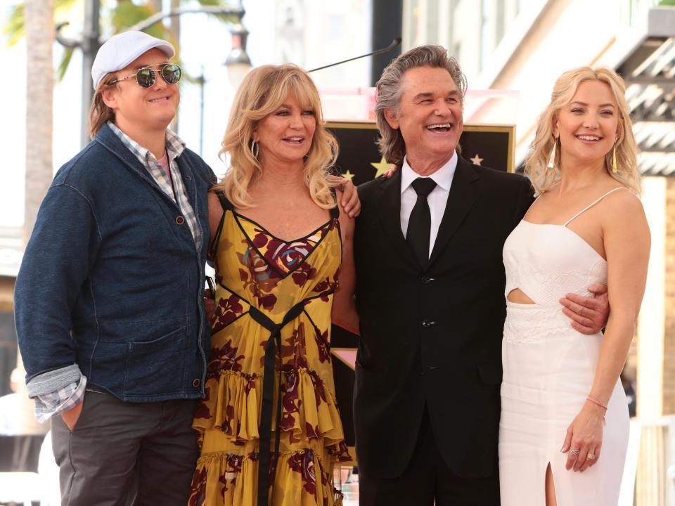 Boston Russell, Goldie Hawn, Kurt Russell, and Kate Hudson as Goldie and Kurt were honored with a double star ceremony on the Hollywood Walk of Fame in Los Angeles.