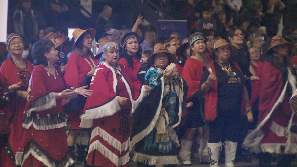 More than 100 dancers are performing at the Nisga'a Nation's Hoobiyee, or new year, celebrations in Vancouver.   (CBC News - image credit)
