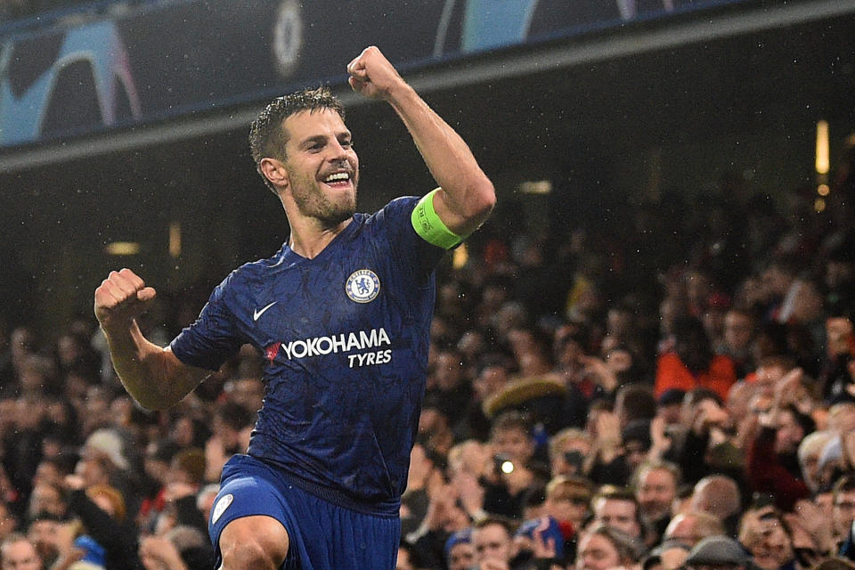 Chelsea's Spanish defender Cesar Azpilicueta celebrates after scoring their second goal during the UEFA Champion's League Group H football match between Chelsea and Lille at Stamford Bridge in London on December 10, 2019. (Photo by Glyn KIRK / AFP) (Photo by GLYN KIRK/AFP via Getty Images)