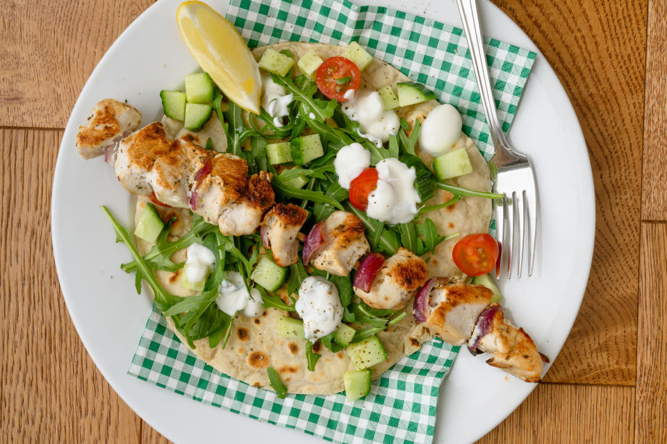 Marinated chicken kebab and flatbread (Andrew Bowden-Smith)