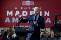FILE - President Joe Biden speaks at United Performance Metals in Hamilton, Ohio, May 6, 2022. As the challenges confronting Biden intensify, his predictions of a rosy political future for the Democratic Party are growing bolder. The assessments, delivered in speeches, fundraisers and conversations with friends and allies, seem at odds with a country that he acknowledged this week was “really, really down,” burdened by a pandemic, surging gas prices and spiking inflation. (AP Photo/Andrew Harnik, File)