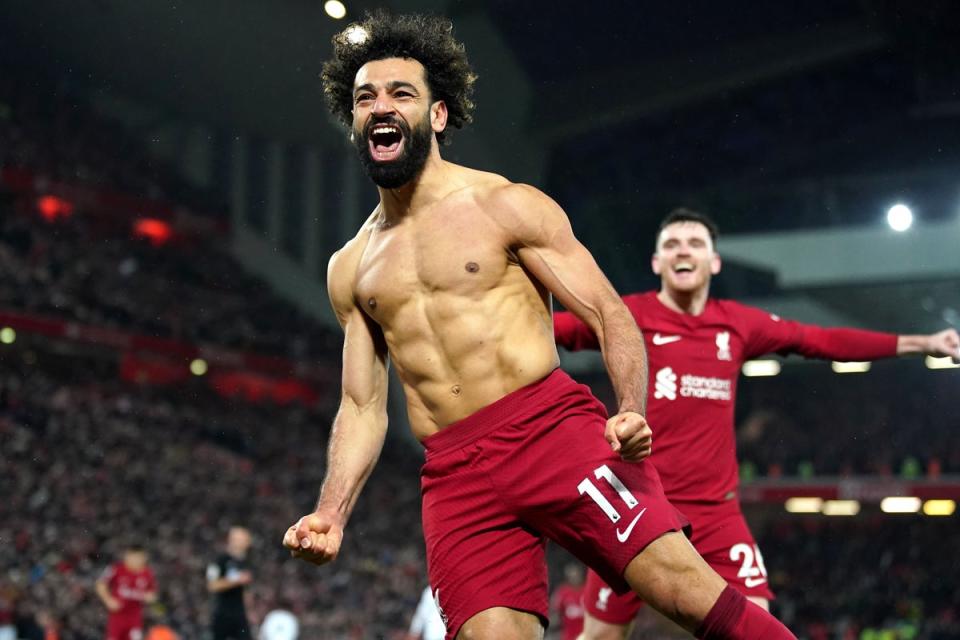 Mohamed Salah celebrates his club-record 129th Premier League goal for Liverpool (Peter Byrne/PA) (PA Wire)