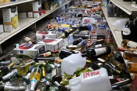 Merchandise lies scattered throughout the Pioneer Point Market after a powerful magnitude 7.1 earthquake broke, triggered by a 6.4 the previous day, near the epicenter in Trona, California