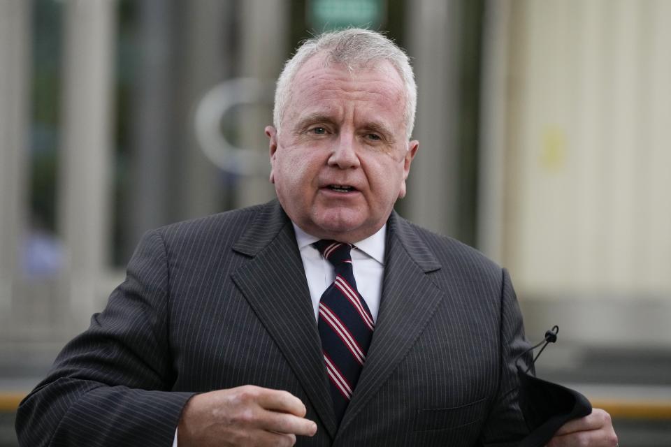 FILE - U.S. Ambassador to Russia John Sullivan speaks to the media in Moscow, Russia, June 28, 2021. Sullivan, ended his tenure as America's top diplomat in Moscow on Sunday, Sept. 4, 2022 after nearly three years, spanning the Trump and Biden administrations, and will retire after a lengthy career in government service, the embassy announced. (AP Photo/Alexander Zemlianichenko)