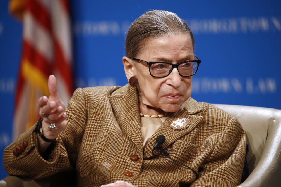 U.S. Supreme Court Associate Justice Ruth Bader Ginsburg speaks during a discussion on the 100th anniversary of the ratification of the 19th Amendment at Georgetown University Law Center in Washington, Monday, Feb. 10, 2020. (AP Photo/Patrick Semansky)