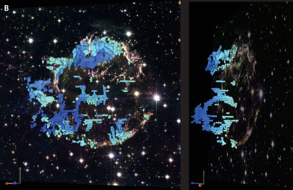 A telescopic image of Cassiopeia A is overlaid with data from the new observations that show the structure of the cavities inside the supernova remnant. The shaed of blue indicates how quickly the material is moving away from Earth, with dark b