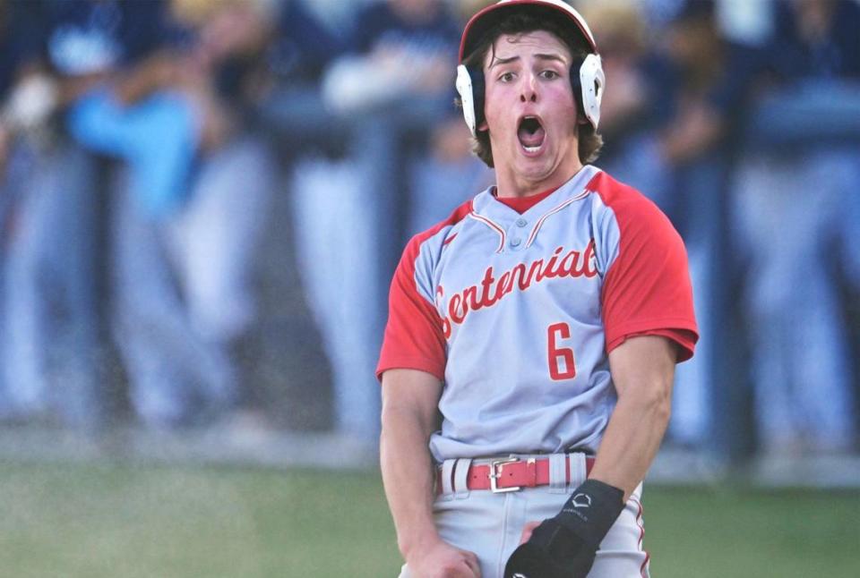 Centennial’s Tanner Forbus scores the second run in the 7th inning against Bullard in the Central Section DI baseball quarterfinal Friday, May 19, 2023 in Fresno. Centennial won 6-2.