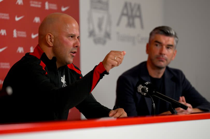 KIRKBY, ENGLAND - JULY 05: (THE SUN OUT, THE SUN ON SUNDAY OUT) Arne Slot new head coach of Liverpool and Richard Hughes sporting director of Liverpool during thier first press conference at AXA Training Centre on July 05, 2024 in Kirkby, England. (Photo by Andrew Powell/Liverpool FC via Getty Images)