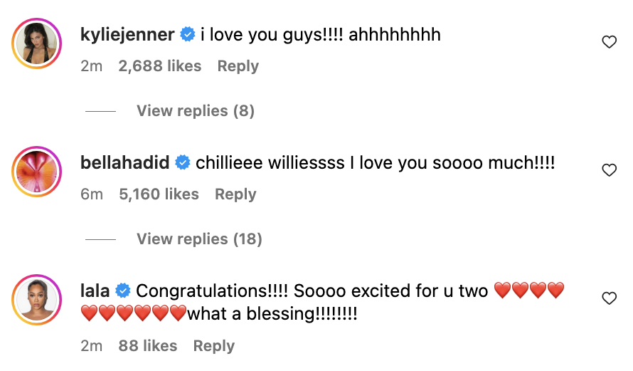 Congratulatory comments from Kylie Jenner, Bella Hadid, and Lala