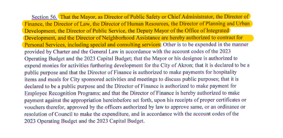 Section 56 in a previously proposed city budget ordinance first appeared in the 1960s. Since then, it's been used by mayor's to get around a rule in the city charter that requires the mayor to get spending approval for purchases and contracts of more than $50,000.