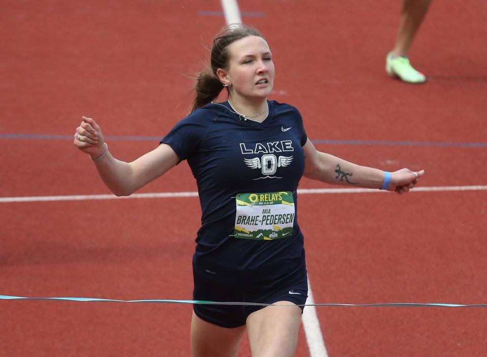 Lake Oswego's Mia Brahe-Pedersen wins the Girls 200 Meter Dash Varsity in a time of 23.23, the third fasted time in the nation this season and a meet record, at the Oregon Relays at Hayward Field Friday April 22, 2022.