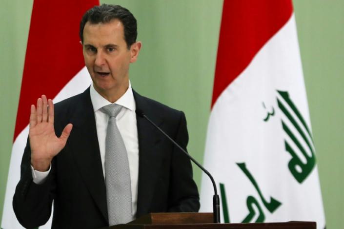 Syria's President Bashar al-Assad speaks during a press conference with Iraq's prime minister in Damascus on July 16, 2023, as Assad's engagement with Middle East countries increases (LOUAI BESHARA)