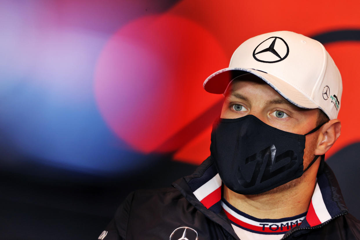 IMOLA, ITALY - APRIL 15: Valtteri Bottas of Finland and Mercedes GP talks in a Drivers Press Conference during previews ahead of the F1 Grand Prix of Emilia Romagna at Autodromo Enzo e Dino Ferrari on April 15, 2021 in Imola, Italy. (Photo by Laurent Charniaux - Pool/Getty Images)