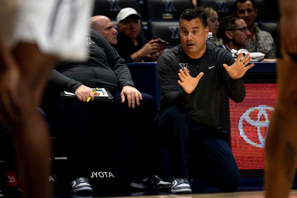 Xavier Musketeers head coach Sean Miller looks on in the second half of the NCAA basketball game Bryant Bulldogs and Xavier Musketeers at Cintas Center in Cincinnati on Friday, Nov. 24, 2023.