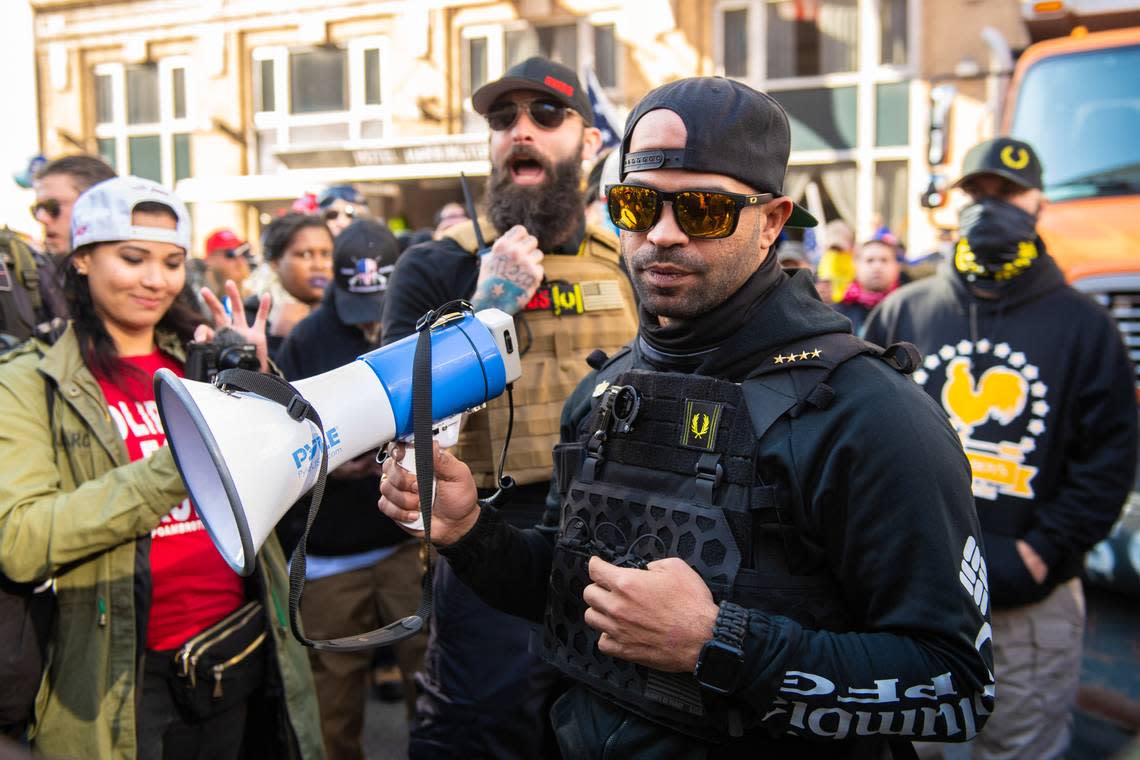 Enrique Tarrio and the Proud Boys demonstrate near Freedom Plaza during the Million Maga March protest regarding election results on Nov. 14, 2020, in Washington, D.C.