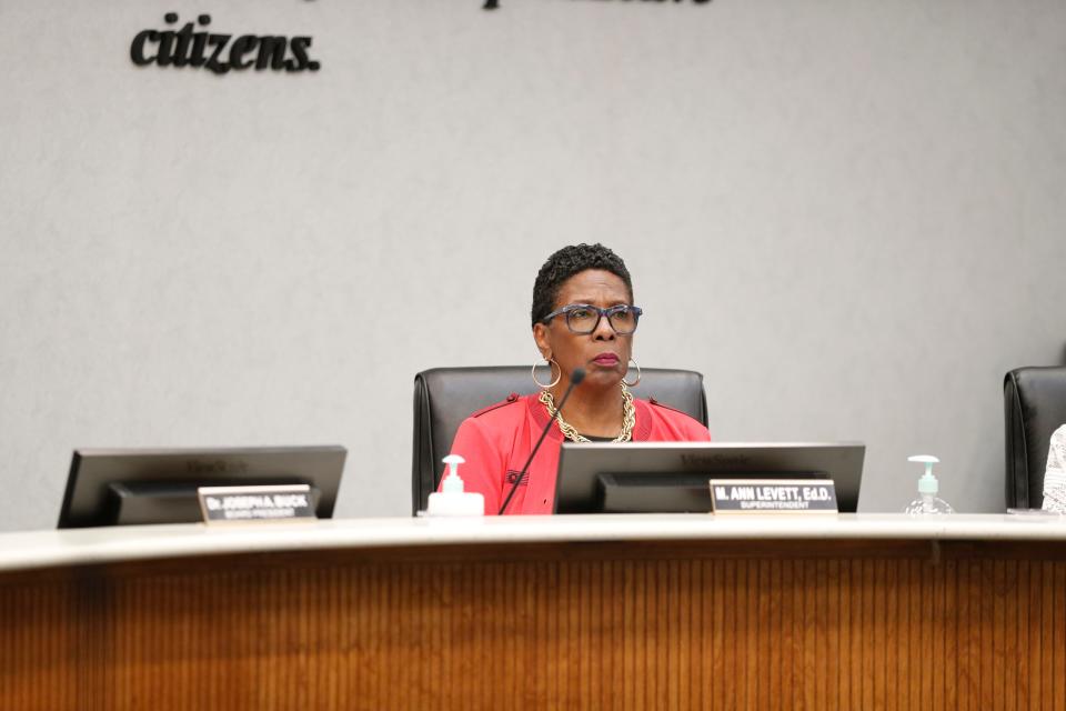 Ann Levett, superintendent of the Savannah Chatham County Public Schools System, listens as members of the community speak during a special called meeting.