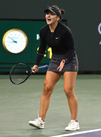 Mar 15, 2019; Indian Wells, CA, USA; Bianca Andreescu (CAN) reacts at match point as she defeats Elina Svitolina (not pictured) during her semifinal match in the BNP Paribas Open at the Indian Wells Tennis Garden. Mandatory Credit: Jayne Kamin-Oncea-USA TODAY Sports