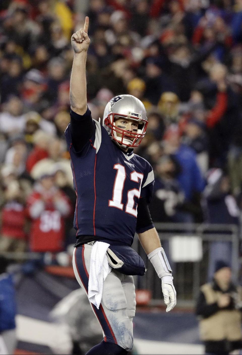 New England Patriots quarterback Tom Brady reacts after a play during the second half of the AFC championship NFL football game against the Pittsburgh Steelers, Sunday, Jan. 22, 2017, in Foxborough, Mass. (AP Photo/Matt Slocum)