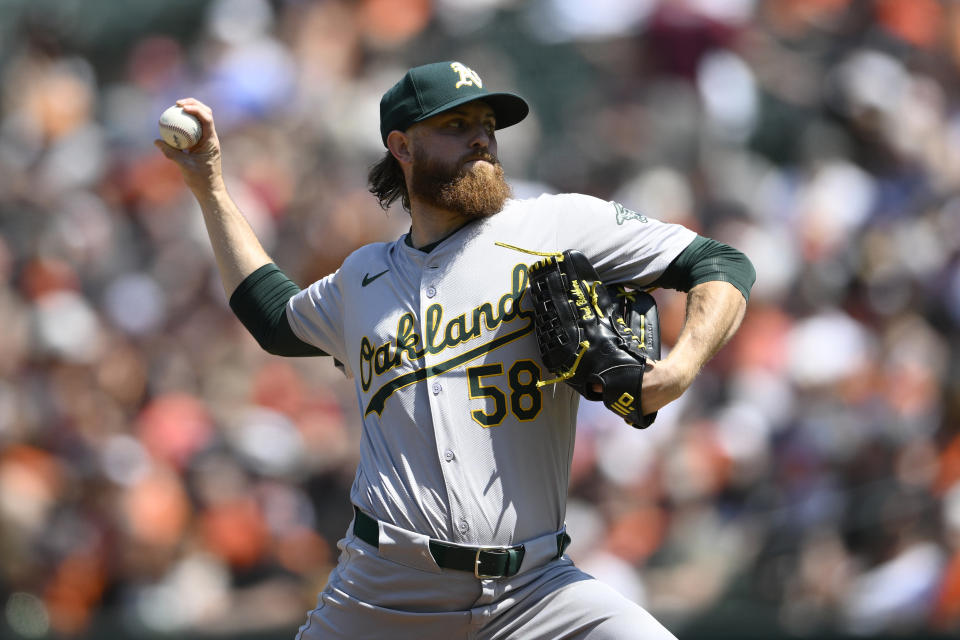 Oakland Athletics starting pitcher Paul Blackburn throws during the second inning of a baseball game against the Baltimore Orioles, Sunday, April 28, 2024, in Baltimore. (AP Photo/Nick Wass)