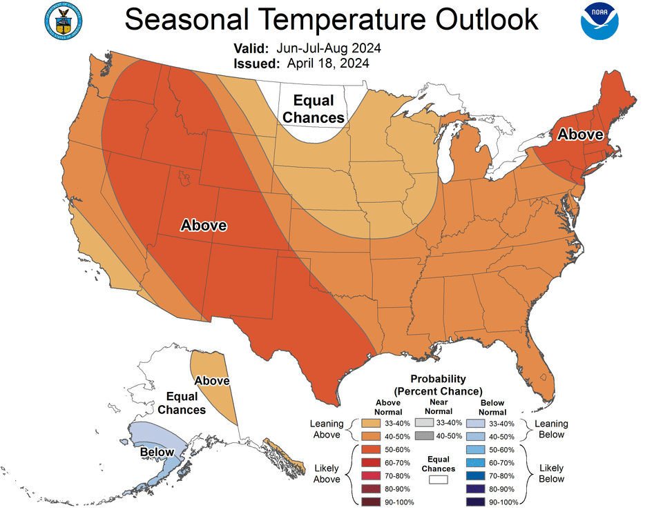 The National Weather Service's three-month outlook for the summer of 2024 shows that much of the U.S. is expected to see above-normal heat.  / Credit: National Weather Service Climate Prediction Center