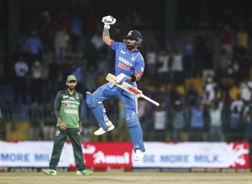 India's Virat Kohli celebrates his hundred runs during the Asia Cup cricket match between India and Pakistan in Colombo, Sri Lanka, Monday, Sept.11, 2023. (AP Photo)