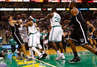 BOSTON, MA - NOVEMBER 28: Kevin Garnett #5, Jason Terry #4, and Rajon Rondo #9 of the Boston Celtics get into a fight with Kris Humphries #43 of the Brooklyn Nets during the game after Garnett was fouled on a play on November 28, 2012 at TD Garden in Boston, Massachusetts. Rajon Rondo and Kris Humphries would each be ejected from the game immediately following the fight. NOTE TO USER: User expressly acknowledges and agrees that, by downloading and or using this photograph, User is consenting to the terms and conditions of the Getty Images License Agreement. (Photo by Jared Wickerham/Getty Images)