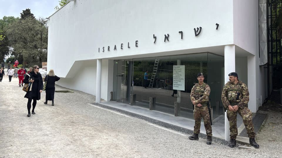 Italian soldiers patrol the Israeli National Pavilion at the Contemporary Art Biennale in Venice, Italy, Tuesday, April 16, 2024. - Colleen Barry/AP