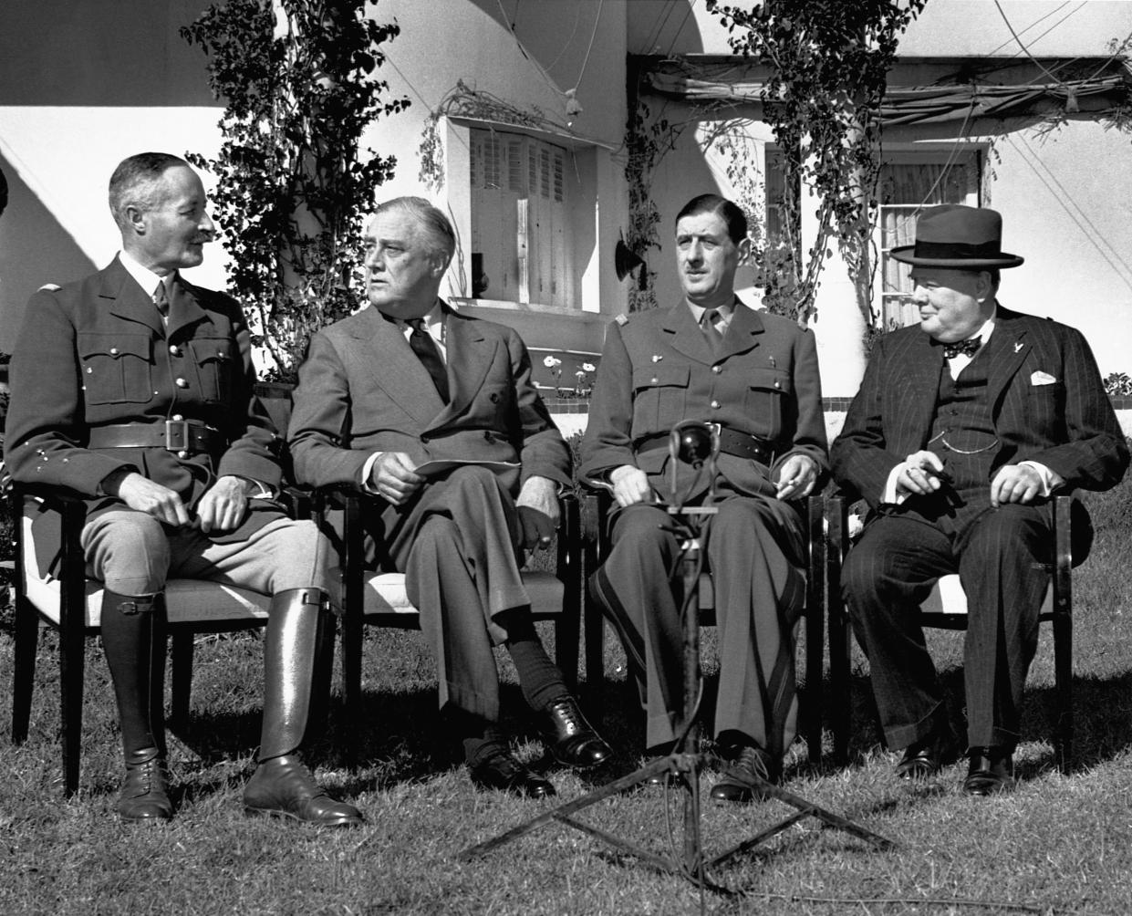 (L-R) General Henri Giraud, Franklin Delano Roosevelt, Charles de Gaulle, and Winston Churchill at the Casablanca Conference in 1943.