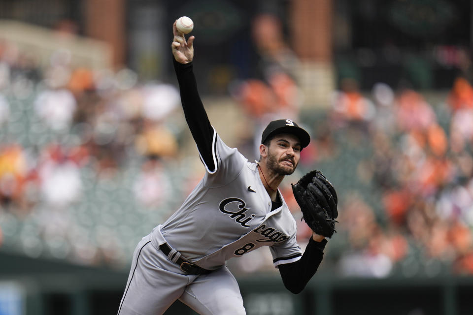 Chicago White Sox starting pitcher Dylan Cease throws to the Baltimore Orioles during the second inning of a baseball game, Wednesday, Aug. 30, 2023, in Baltimore. (AP Photo/Julio Cortez)