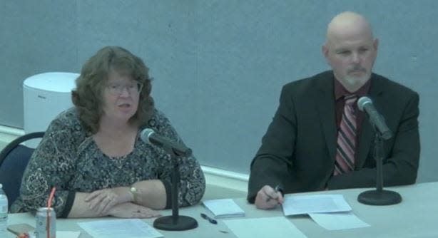 Reporter Tammy Wells, left, is retiring from journalism on Friday, March 31, 2023. She is seen here at the City of Sanford's annual Candidates Night in October 2022, opposite fellow reporter Shawn Sullivan, of the York County Coast Star. (Provided/YouTube)