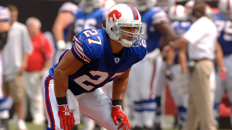 Buffalo Bills safety Coy Wire lines up on defense against the Tampa Bay Buccaneers in September 2005 in Tampa. Wire played nine seasons in the NFL for the Buffalo Bills and the Atlanta Falcons. - Al Messerschmidt/Getty Images