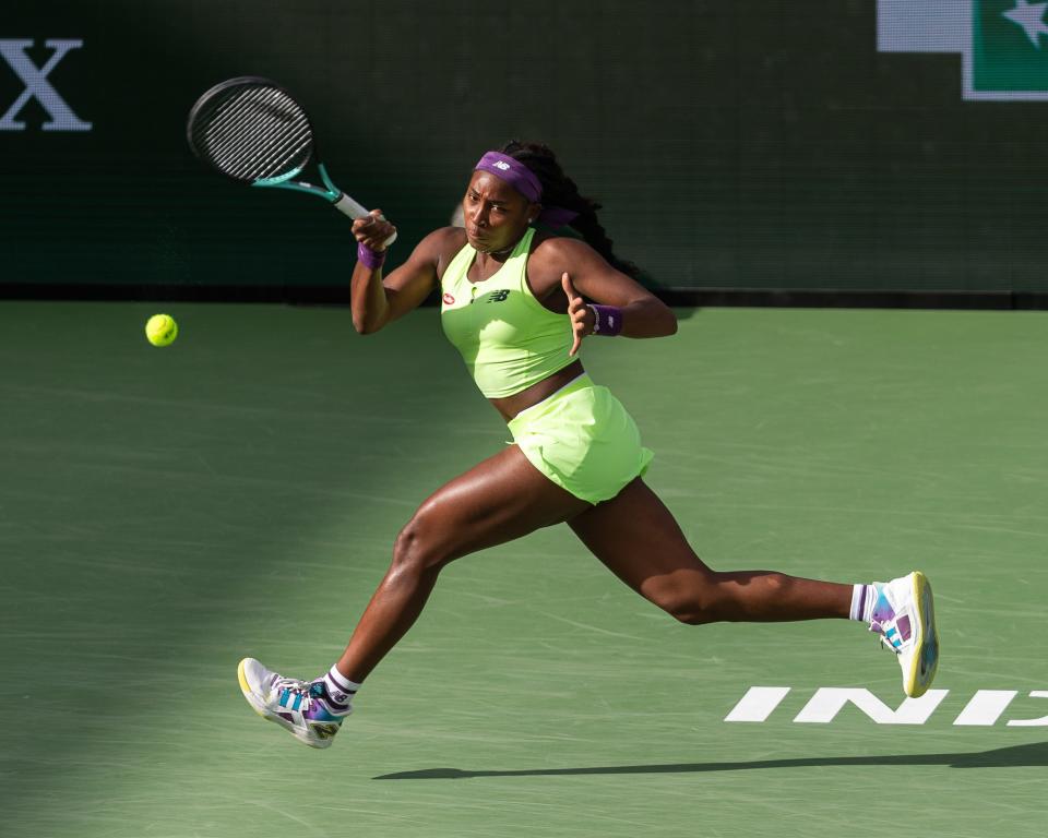 Coco Gauff tracks down a shot during her match against Yue Yuan at the BNP Paribas Open in Indian Wells Tennis Garden, CA, on March 14, 2024.